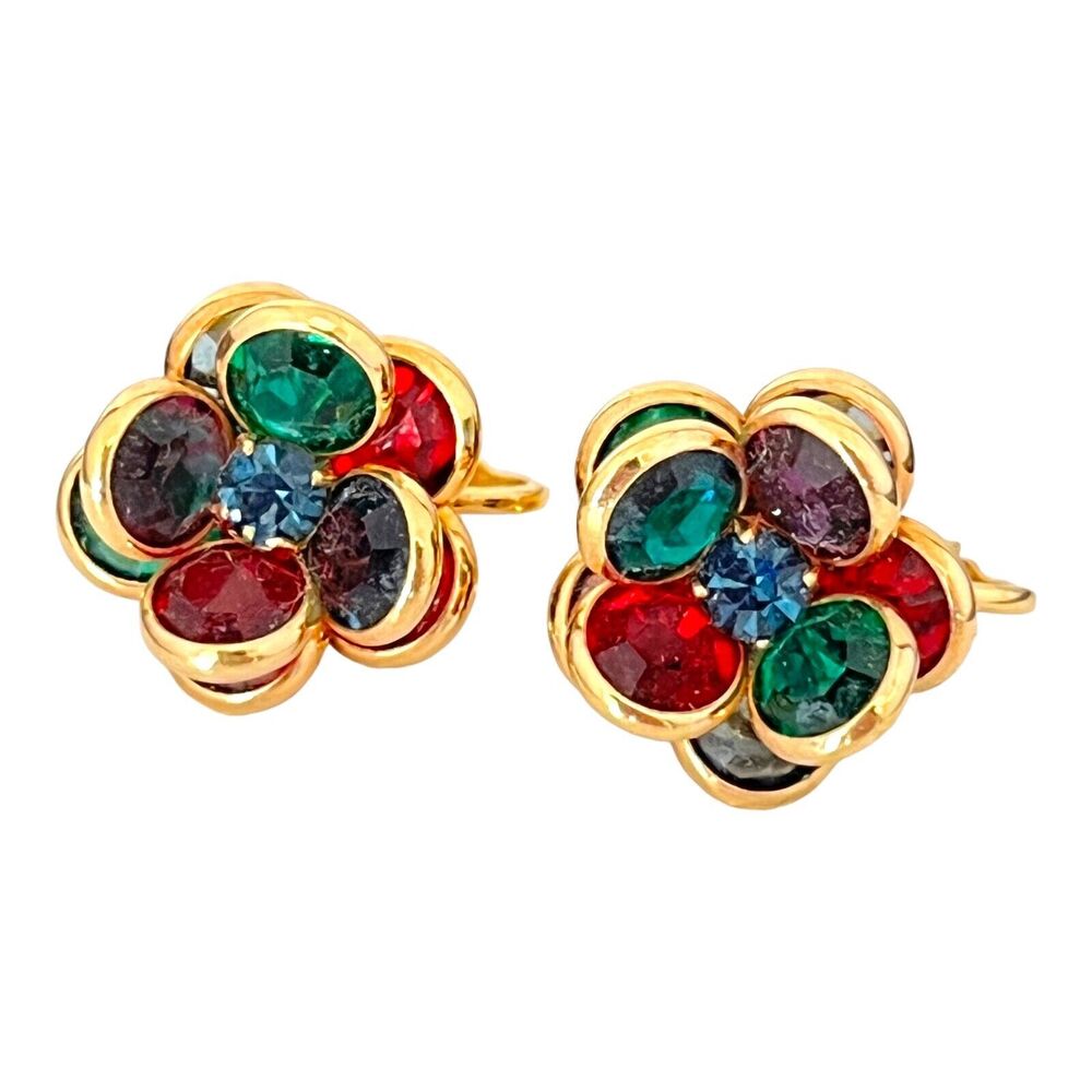 Vintage 1980s Bezel Set Multicolor Crystal Cluster Earrings Gold Tone Clip - 4J